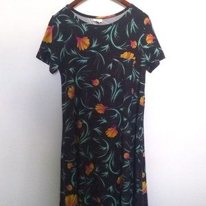 NWOT Lula Roe Black Floral Chest Pocket Midi Size Small Loose Sheath Dress